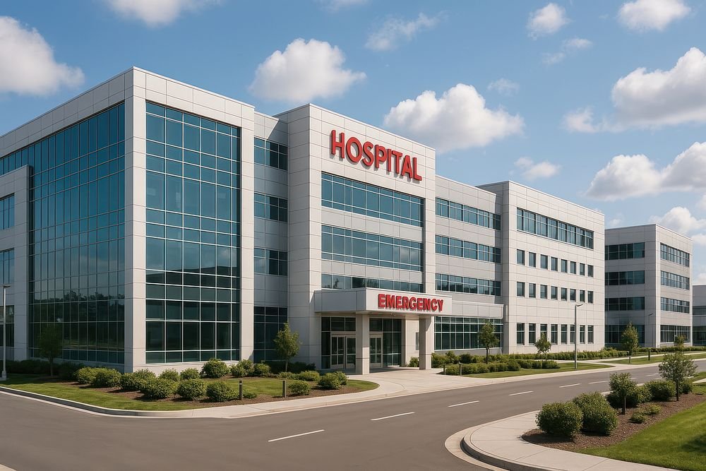 Modern hospital exterior view.